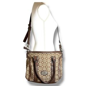Fossil Maddox Crossbody Purse Handbag‎ Brown Canvas Geometric Satchel Bag